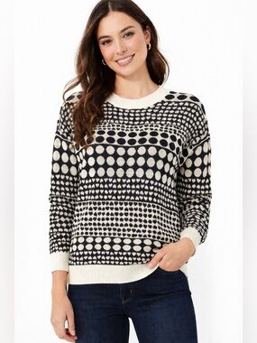 LOFT Petite Black & Cream Polka Dot geometric Sweater Chunky Knit Crewneck/S